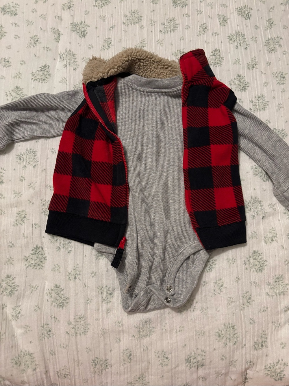 Carter's Red & Black Plaid Sherpa-Lined Vest with Gray Onesie